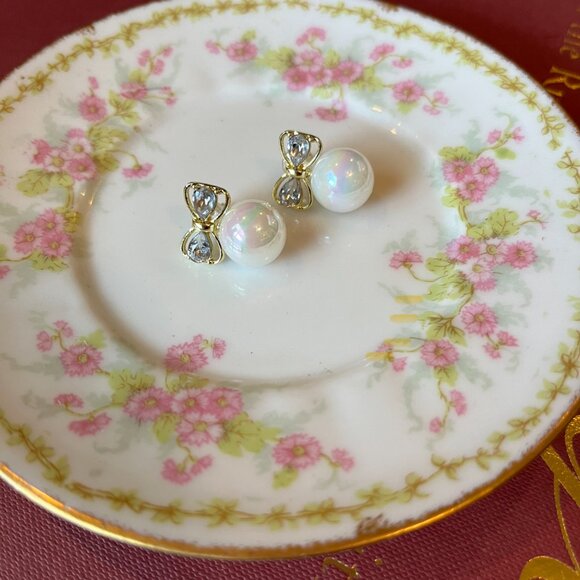 Gold Heart Co. Jewelry - NEW Gold Bow Crystal Iridescent Pearl Rhinestone Knot Drop Women Earrings